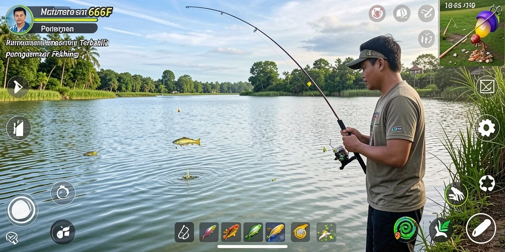 Tampilan gameplay 666F dengan aksi memancing yang seru dan realistis.