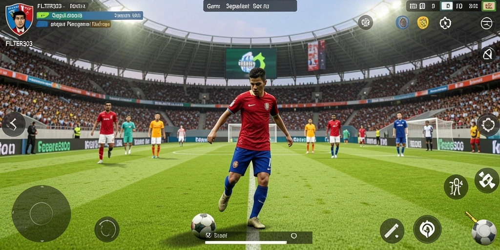 Tampilan gameplay menarik FILTER303 dengan aksi sepak bola dinamis.