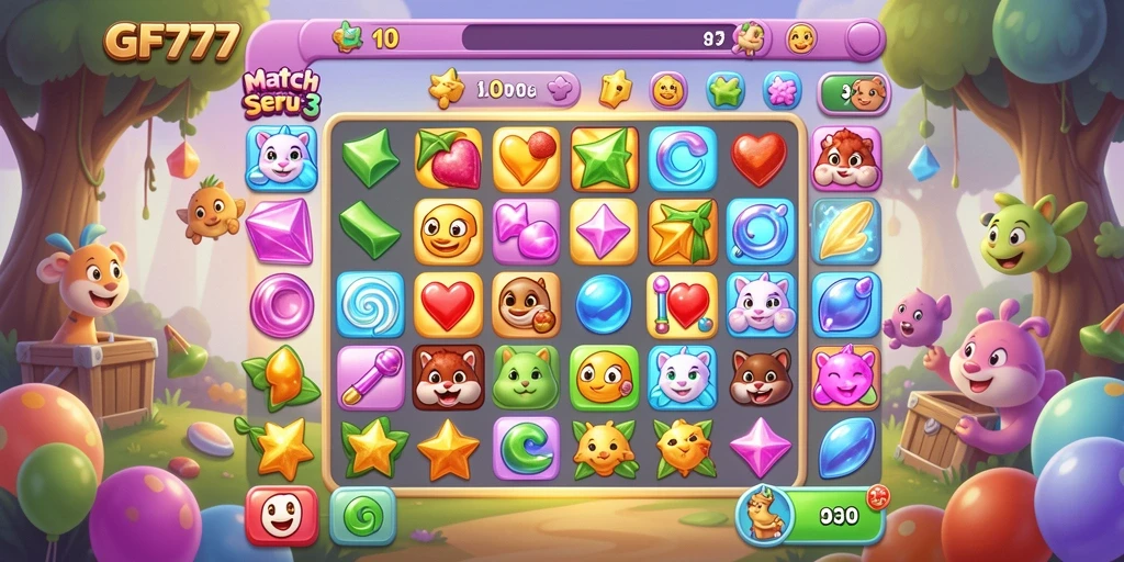 Screenshot GF777 menunjukkan aksi seru permainan Match-3 yang memikat.