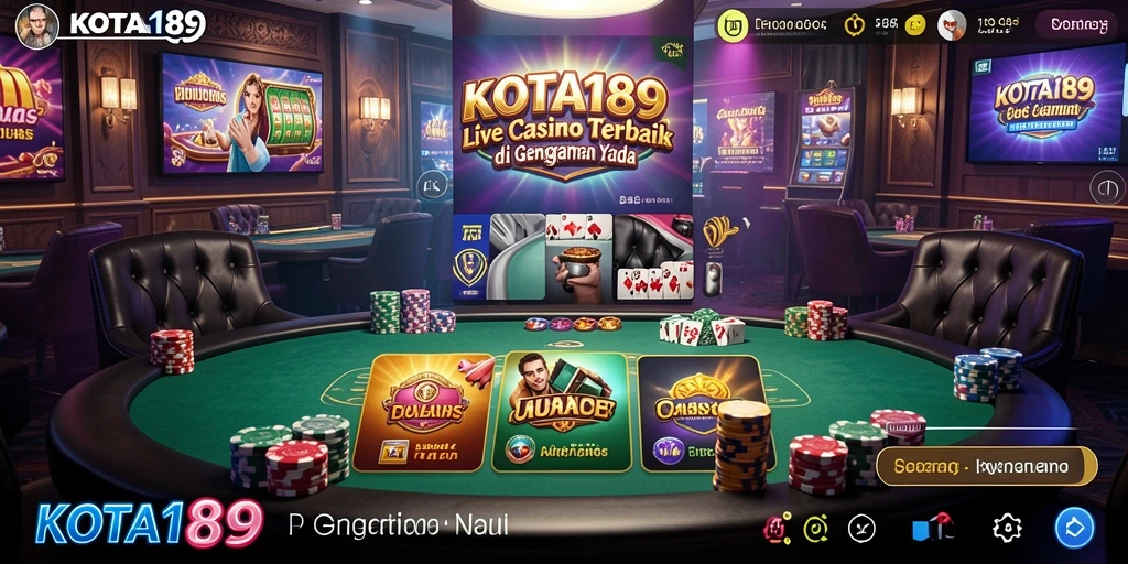 Screenshot gameplay <strong>KOTA189</strong> menunjukkan dealer langsung dan interaksi pemain.