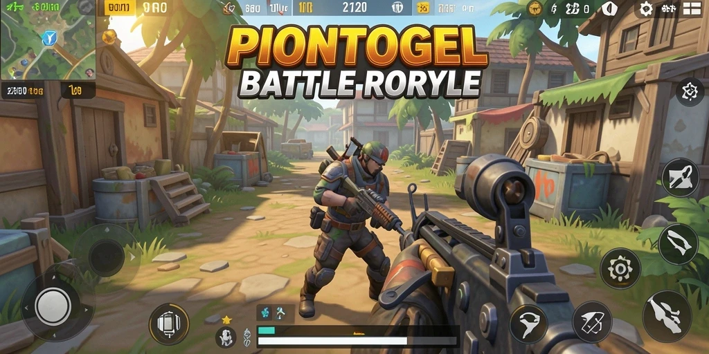 Screenshot utama PIONTOGEL yang menampilkan pertempuran intens di arena Battle Royale.