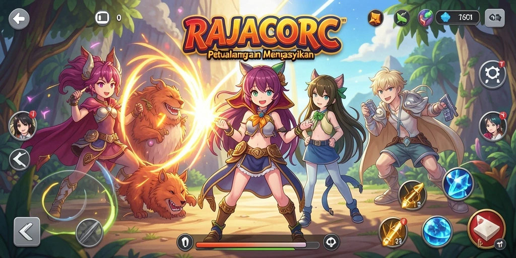 Tampilan gameplay RAJACORC menampilkan pertarungan seru dan karakter anime yang menarik.